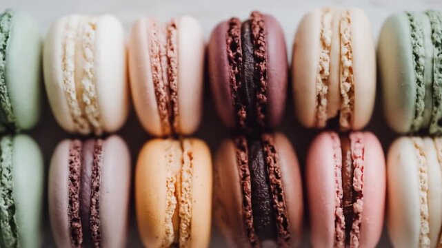 A vibrant assortment of colorful macarons displayed neatly in a row, showcasing various flavors and textures, set against a soft background, perfect for culinary delights and dessert presentations