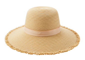 Isolated raffia sun hat with pink ribbon, light color straw accessory for summer vacation