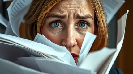 A close-up of a female accountant overwhelmed with papers and documents at work.
