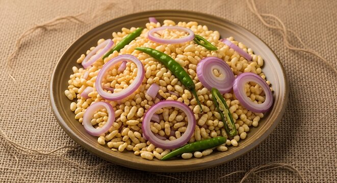 Savory indian snack of puffed rice with chopped onions and green chilies in a rustic bowl - Powered by Adobe