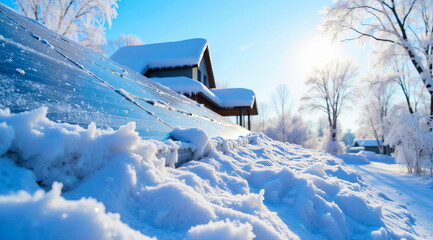 A view from below of frozen winter panels covered in ice and snow standing on the side of a house on a frosty sunny day