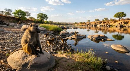 Baboon Troop at River Bank Rocks Wildlife Landscape Scenic Beauty Tanzania Africa