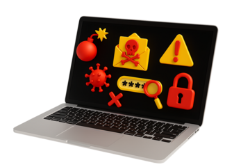 Laptop with digital security concept icons cyber attack virus fraud and data protection internet threat isolated on transparent background
