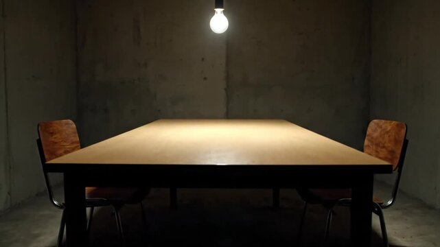 Confrontation Room: A somber scene unfolds in a dimly lit interrogation room, where a sturdy wooden table sits between two empty chairs under the stark glare of a hanging lightbulb.