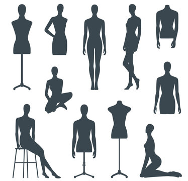 Adobe IllusFemale fashion mannequin models in various poses, vector illustration for dressmaking, tailoring tools and clothing presentation, modern shop display graphics for boutique martrator Artwork