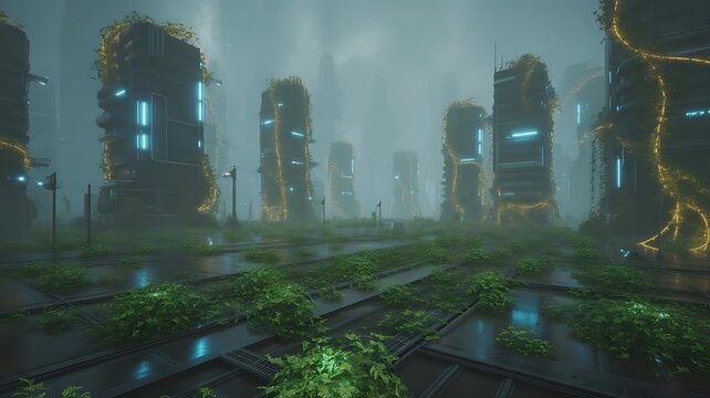 "Futuristic Eco City with Green Plants and Neon Lights in Foggy Atmosphere"