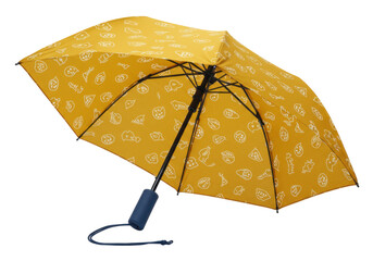 Isolated mustard umbrella with food drawings, protection against rain and sunshine, weather