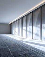 Obraz premium Empty room with gray carpet and textured wall bathed in sunlight creates a minimalist and serene atmosphere, perfect for showcasing design or architectural concepts.