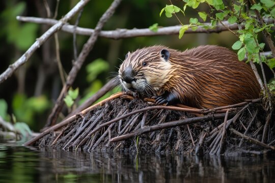 Beaver building a dam along a peaceful riverbank with natural vegetation - Powered by Adobe