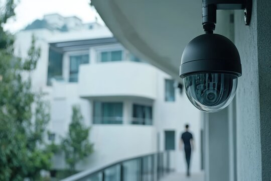 CCTV camera catches intruder walking near a residential building at dusk