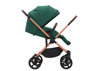 Isolated green baby stroller, modern pram for infant on road, baby transport equipment