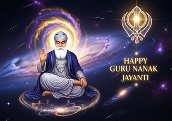 Happy Guru Nanak Jayanti Greeting with Guru Nanak Dev Ji and Golden Khanda Symbol