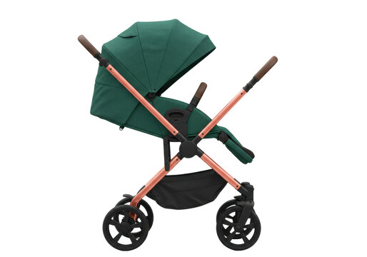 Isolated green baby stroller, modern pram for infant on road, baby transport equipment