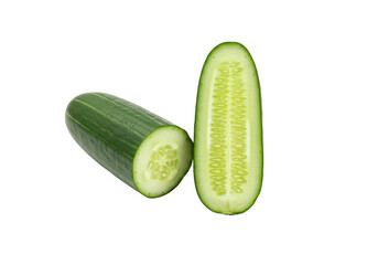 Isolated sliced cucumber halves revealing inner texture, seeds, and fresh appearance