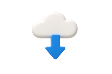 Cloud with blue downward arrow 3d icon minimal realistic design symbol for download data file or internet storage service technology isolated on transparent background
