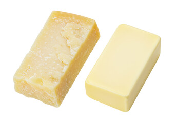Isolated Parmesan cheese and block of butter on display, dairy product food ingredient photography