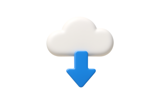 Cloud with blue downward arrow 3d icon minimal realistic design symbol for download data file or internet storage service technology isolated on transparent background