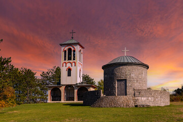 Church of Saint Petka Trnove at sunset near Zvornik Fortress, Bosnia and Herzegovina
