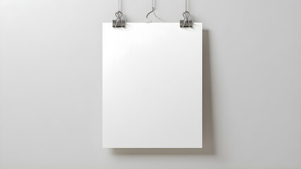 Vertical poster mockup hanging with binder clips, white wall, clean minimal background