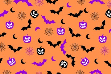 Orange background Halloween seamless pattern, bats, moon, pumpkin, jack lantern, web cob