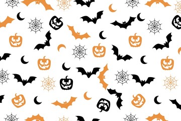 Wallpaper of Halloween seamless pattern, bats, moon, pumpkin, jack lantern, web cob