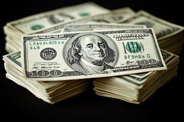 Large stacks of one hundred dollar bills arranged beautifully for advertising purposes