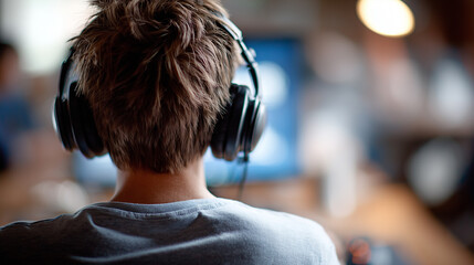 Young gamer wearing headphones focuses on a computer screen in a modern gaming setup.