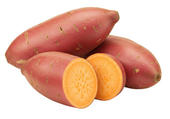 Isolated sweet potatoes still life showing a cut piece revealing orange flesh and texture detail