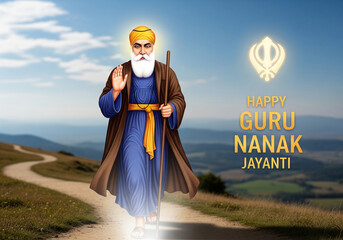 Happy Guru Nanak Jayanti Greeting with Guru Nanak Dev Ji and Golden Khanda Symbol