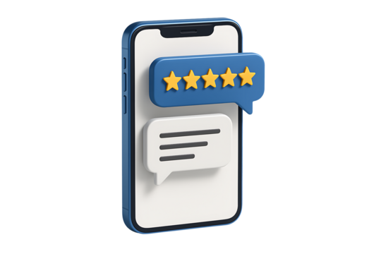 3d illustration of smartphone receiving a positive five star customer rating and text message feedback review on a mobile device isolated on transparent background