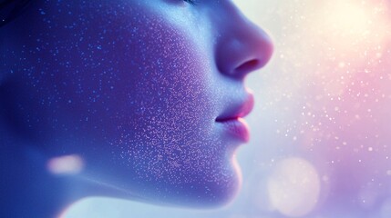 Obraz premium Photorealistic close-up portrait of a female face with glowing particles and soft light, futuristic beauty and skincare concept, delicate bokeh background with neon tones and dreamy atmosphere