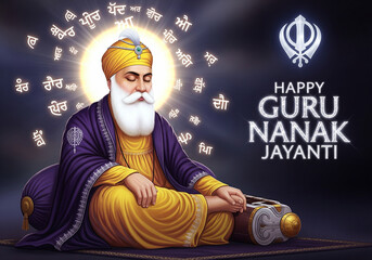 Happy Guru Nanak Jayanti Greeting with Guru Nanak Dev Ji and Golden Khanda Symbol