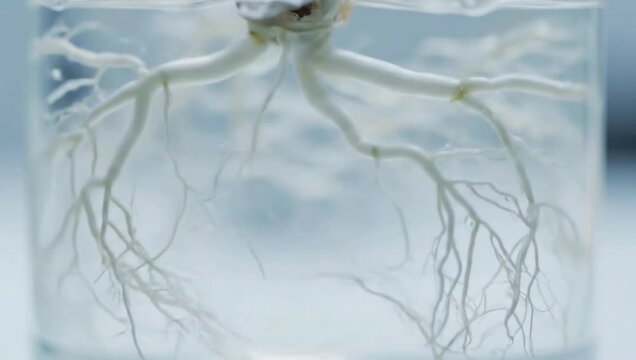 Water Root: Delicate roots emerge, immersed in crystal-clear water, presenting a close-up glimpse into the beauty of botanical growth.