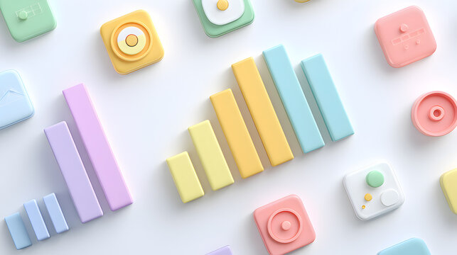 Overhead View of 3D Rendered Pastel Business and Data Icons

