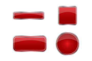 Red button shapes. Shiny glass symbol. Interface application Vector elements. Web click icons.