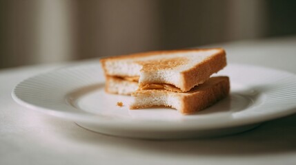 A minimalist sandwich with one bite taken, clean white plate, copy space