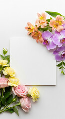 Obraz premium Floral arrangement with peach lily, purple orchid, pink rose and yellow carnation bordering a white square, representative of greeting card, invitation.