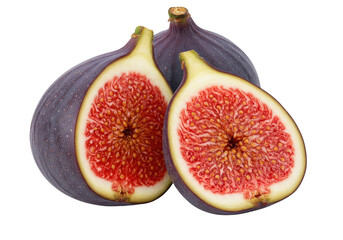 Isolated fresh figs, two halved and one whole, ready to eat, dark purple fruit close-up