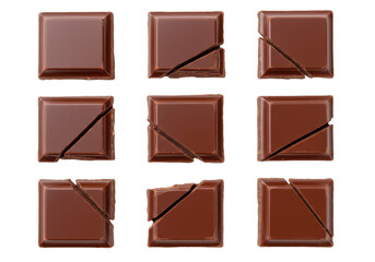Isolated chocolate squares broken, arranged in a grid, sweet treat, indulgence, dessert