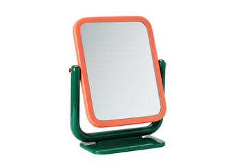 Isolated orange and green bathroom tabletop swivel mirror, vanity design, no distractions
