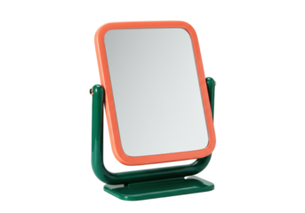 Isolated orange and green bathroom tabletop swivel mirror, vanity design, no distractions