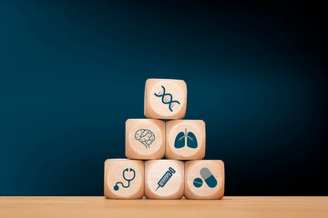 Longevity Concept with DNA, Vaccine and Medicine Icons on Wooden, syringe, and pill icons representing longevity, healthcare, medical innovation, and wellness for biotechnology, healthy living,