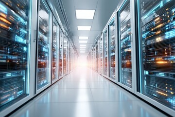 Futuristic data center corridor with illuminated server racks