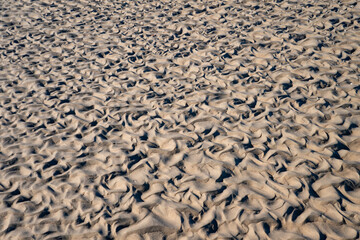 Sand structures with delicate irregular shapes on the beach of the North Sea island of Norderney at low tide and low sun. A work of art created by nature in the Wadden Sea National Park (Germany).