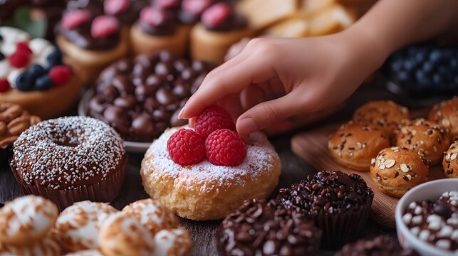Indulge in sweet temptations! Tempting pastries artfully arranged, featuring cakes, cupcakes, chocolate, fruit, and nuts. Overeating is a bad habit to avoid, enjoy responsibly!