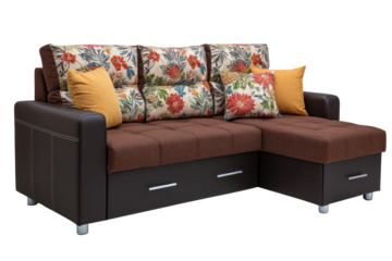 Brown sectional sofa with floral patterned back cushions and mustard yellow accent pillows isolated on transparent background. PNG die-cut for advertising