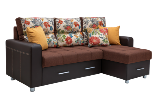 Brown sectional sofa with floral patterned back cushions and mustard yellow accent pillows isolated on transparent background. PNG die-cut for advertising
