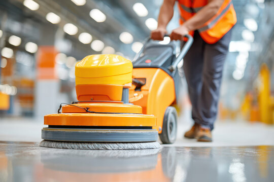 Worker using an industrial floor sweeper in a warehouse