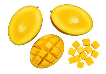 Isolated cut mango halves and diced mango pieces, fresh and ripe fruit, tropical food