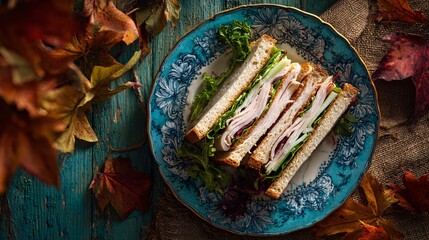 A sliced turkey sandwich on vintage enamel plate, surrounded by fall leaves, overhead composition